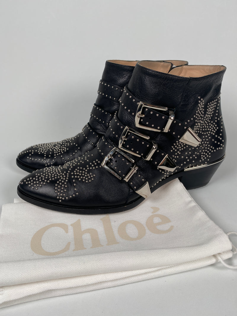 CHLOE - SUSANNA SILVER BLACK LEATHER ANKLE BOOTS - SZ EUR 38