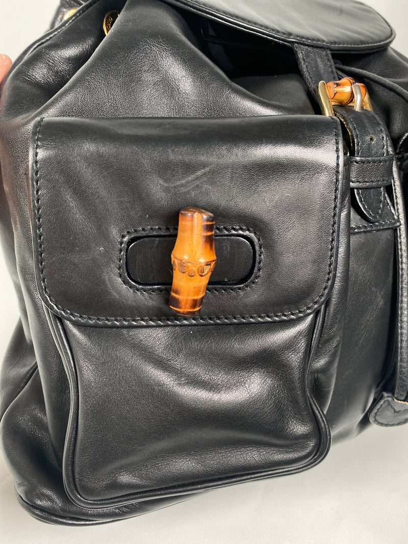 GUCCI - BAMBOO HANDLE BLACK LEATHER BACK PACK