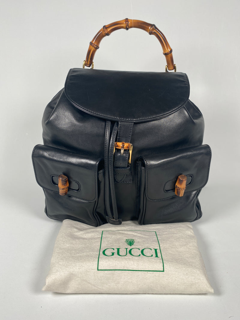 GUCCI - BAMBOO HANDLE BLACK LEATHER BACK PACK
