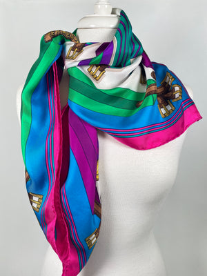 HERMES - J. METZ 'LES SANGLES' 100% SILK MULTICOLOUR SCARF - 87 X 87 CM