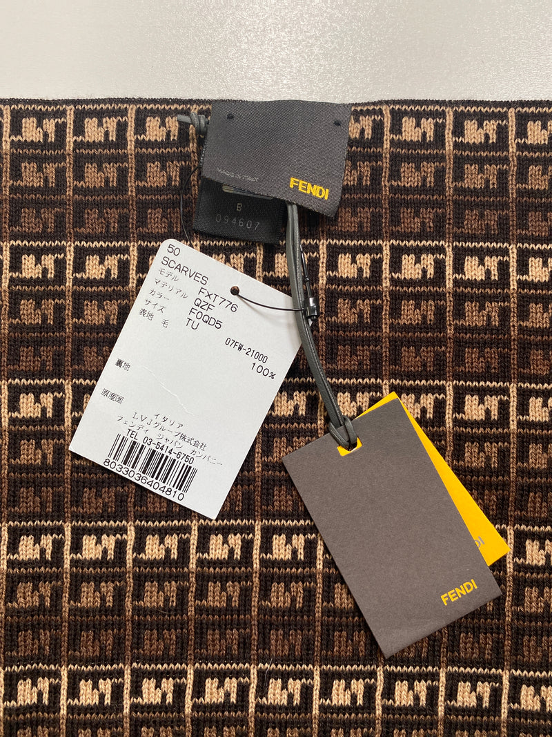 FENDI - FF LOGO BEIGE, BROWN & BLACK 100% WOOL SCARF - 25 X 173 cm