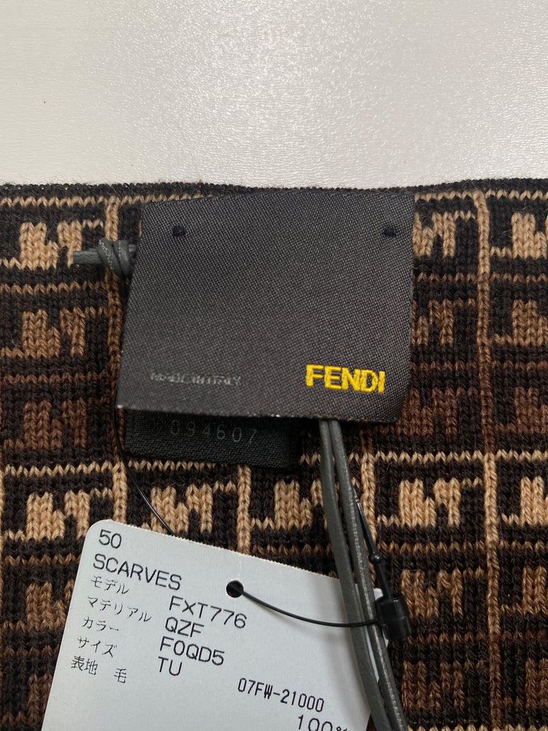 FENDI - FF LOGO BEIGE, BROWN & BLACK 100% WOOL SCARF - 25 X 173 cm
