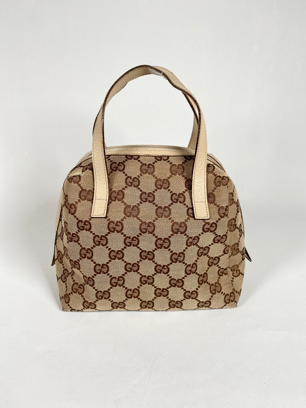 GUCCI - BEIGE & WHITE GG CANVAS & LEATHER MINI SATCHEL BAG