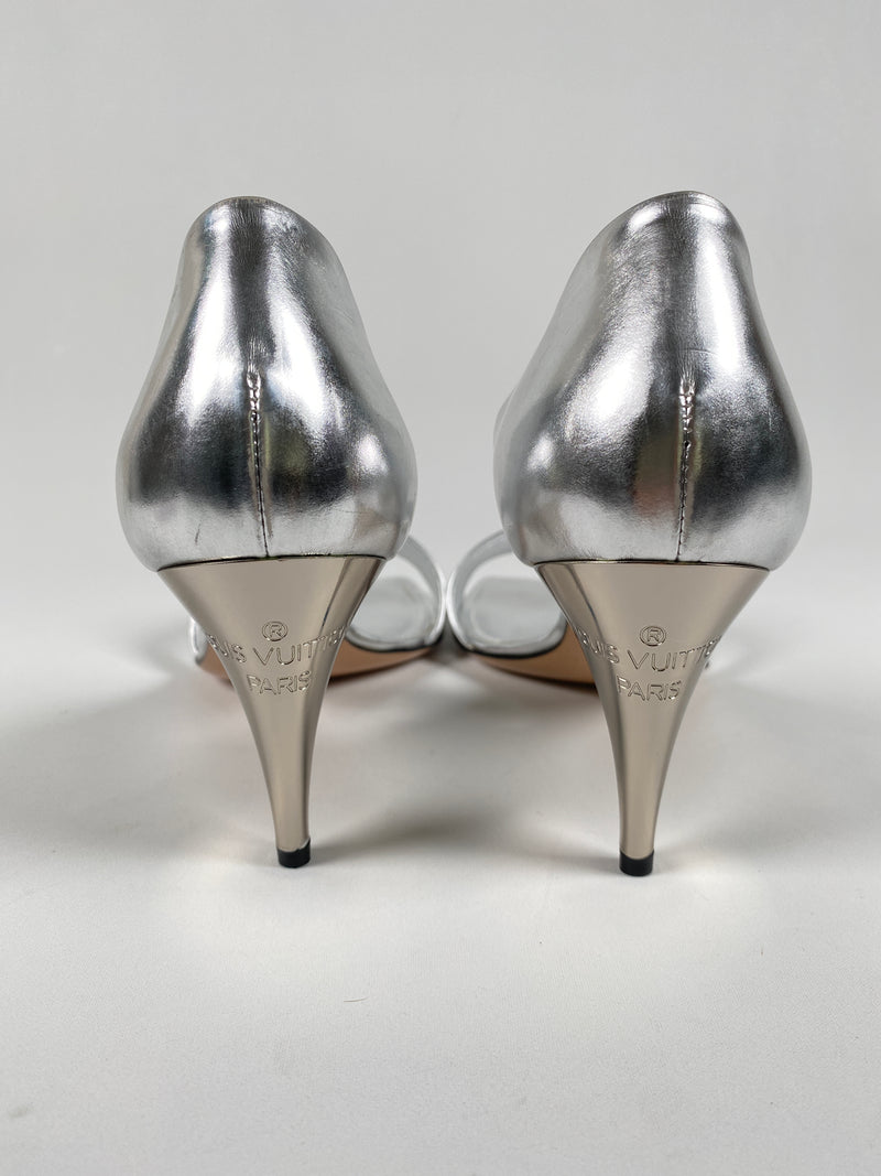 LOUIS VUITTON - SILVER D'ORSAY MID HEEL PUMPS - SZ 37