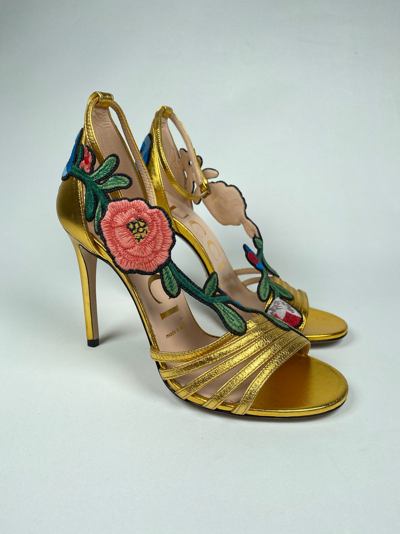 GUCCI - GOLD OPHELIA FLORAL EMBROIDERED SANDALS - SZ 36 EUR