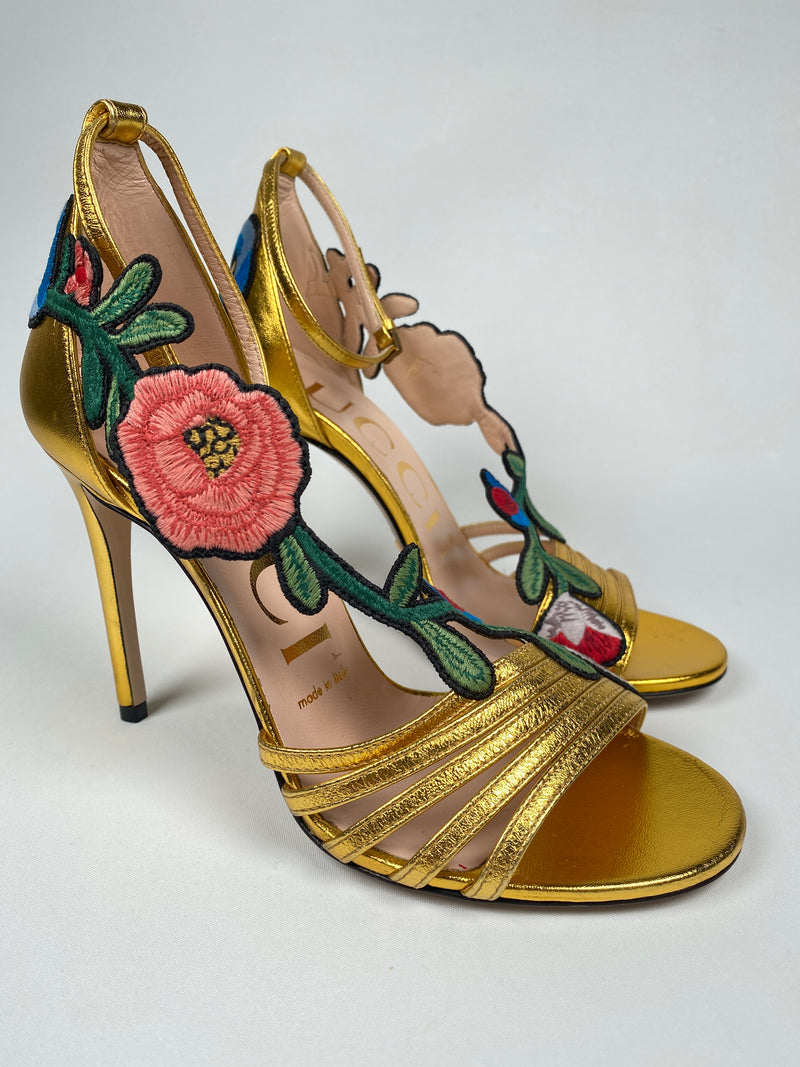 GUCCI - GOLD OPHELIA FLORAL EMBROIDERED SANDALS - SZ 36 EUR