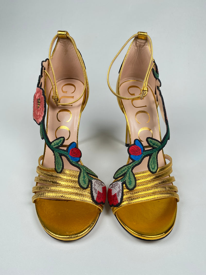 GUCCI - GOLD OPHELIA FLORAL EMBROIDERED SANDALS - SZ 36 EUR