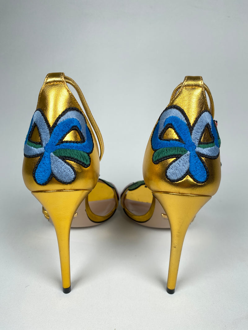 GUCCI - GOLD OPHELIA FLORAL EMBROIDERED SANDALS - SZ 36 EUR