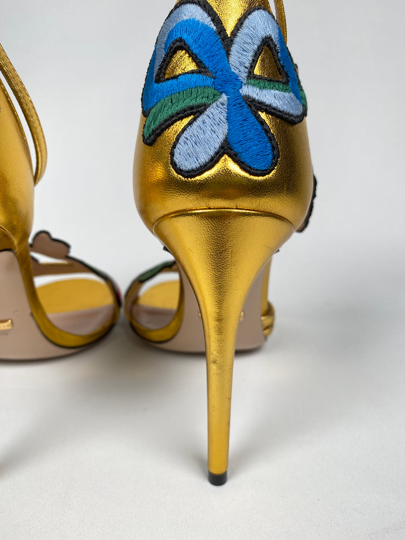 GUCCI - GOLD OPHELIA FLORAL EMBROIDERED SANDALS - SZ 36 EUR