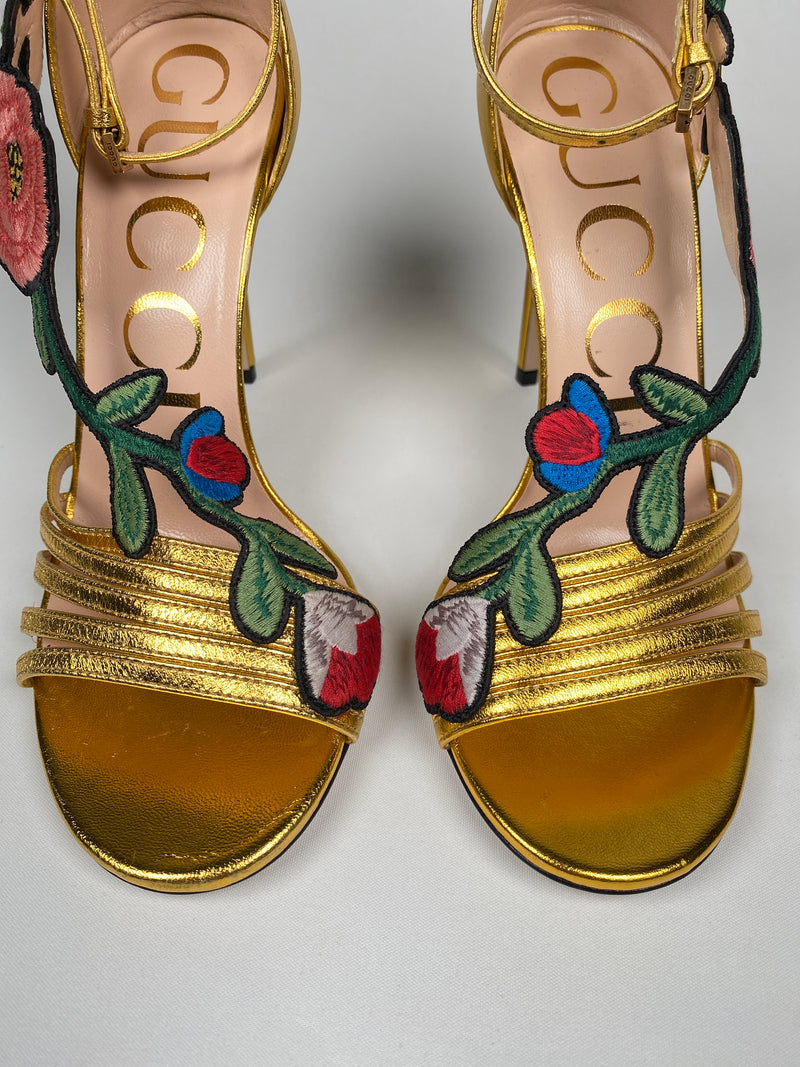 GUCCI - GOLD OPHELIA FLORAL EMBROIDERED SANDALS - SZ 36 EUR