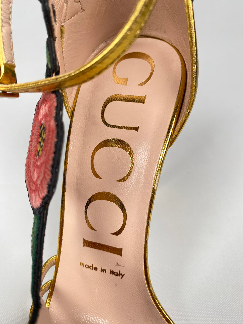GUCCI - GOLD OPHELIA FLORAL EMBROIDERED SANDALS - SZ 36 EUR