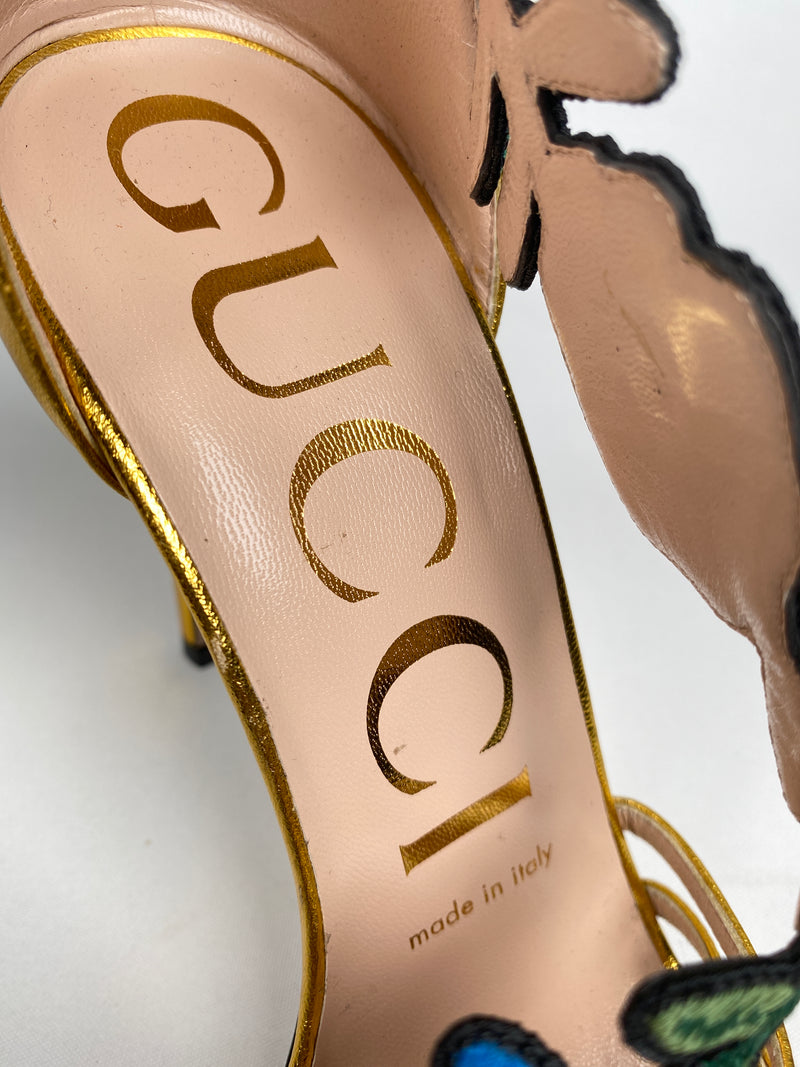 GUCCI - GOLD OPHELIA FLORAL EMBROIDERED SANDALS - SZ 36 EUR
