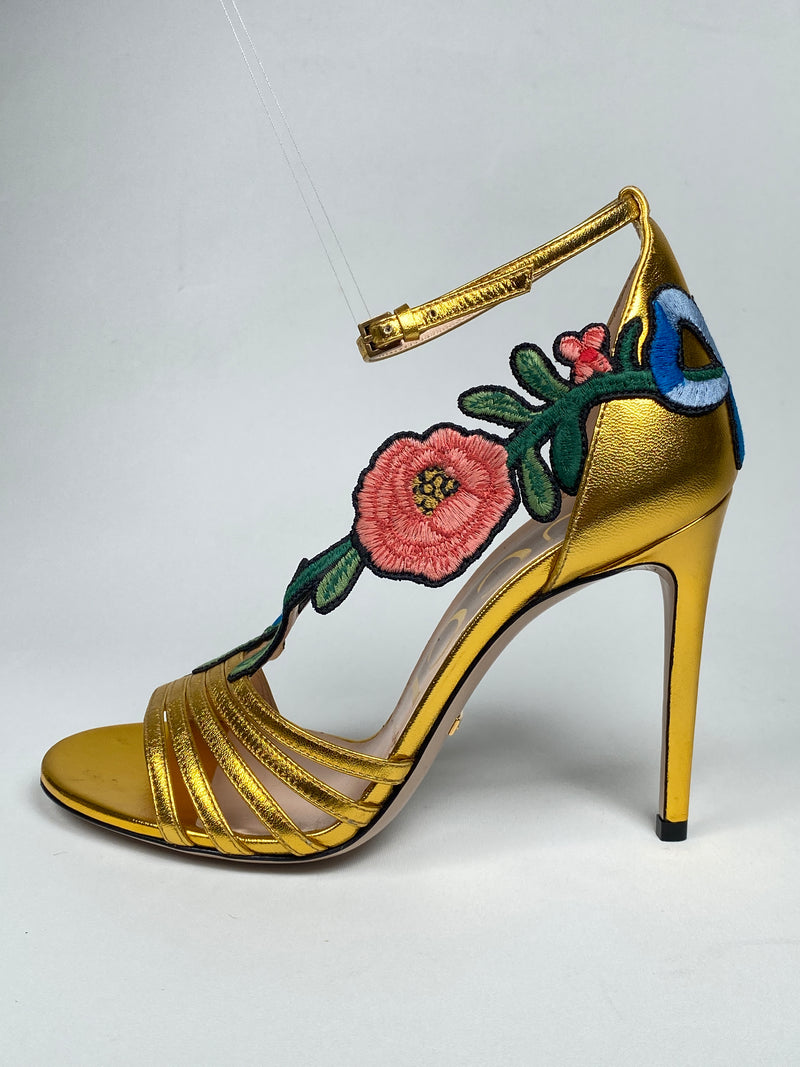 GUCCI - GOLD OPHELIA FLORAL EMBROIDERED SANDALS - SZ 36 EUR