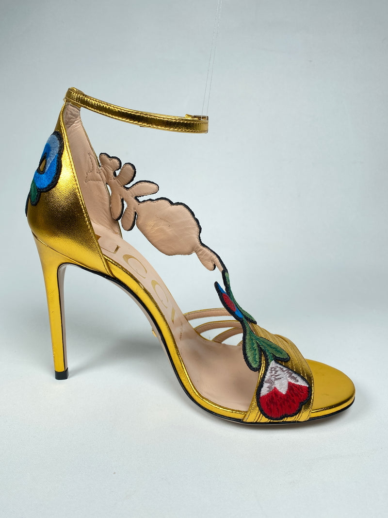 GUCCI - GOLD OPHELIA FLORAL EMBROIDERED SANDALS - SZ 36 EUR
