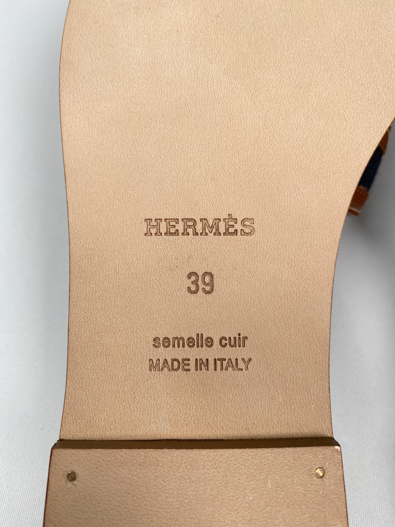 HERMES - ORAN SANDALS BLEU BRUT/GOLD - SZ 39 - NEW IN BOX
