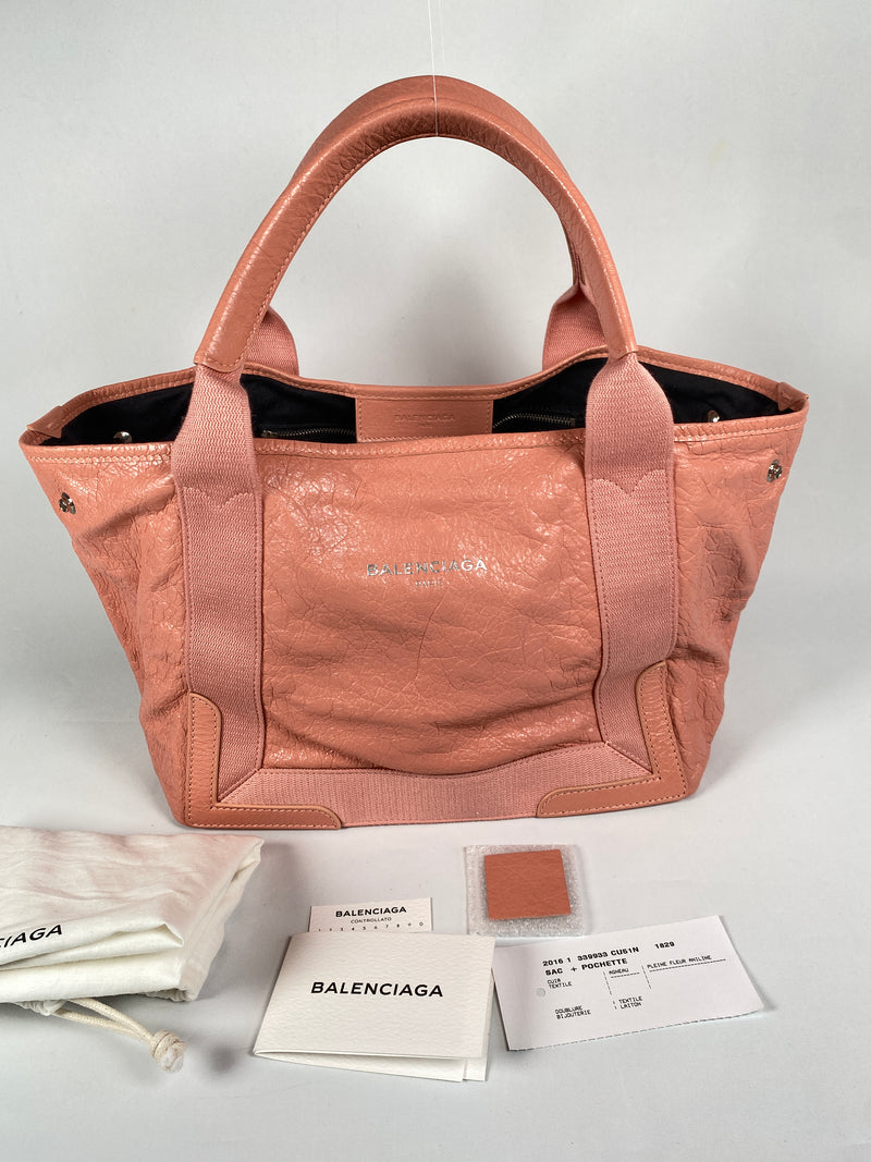 BALENCIAGA - NAVY CABAS S PINK LEATHER TOTE