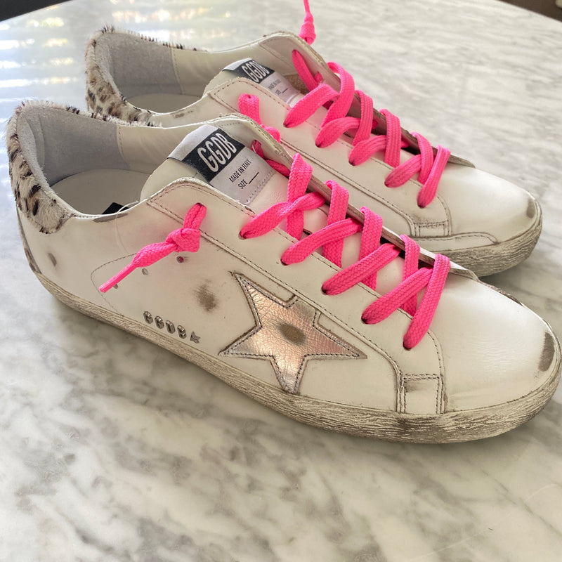 GOLDEN GOOSE - WHITE SUPERSTARS LEOPARD HEEL - SZ 39 - NEW IN BOX