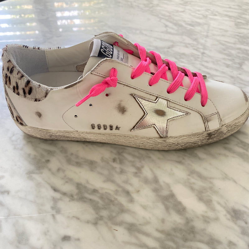 GOLDEN GOOSE - WHITE SUPERSTARS LEOPARD HEEL - SZ 39 - NEW IN BOX