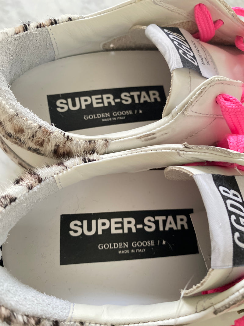GOLDEN GOOSE - WHITE SUPERSTARS LEOPARD HEEL - SZ 39 - NEW IN BOX