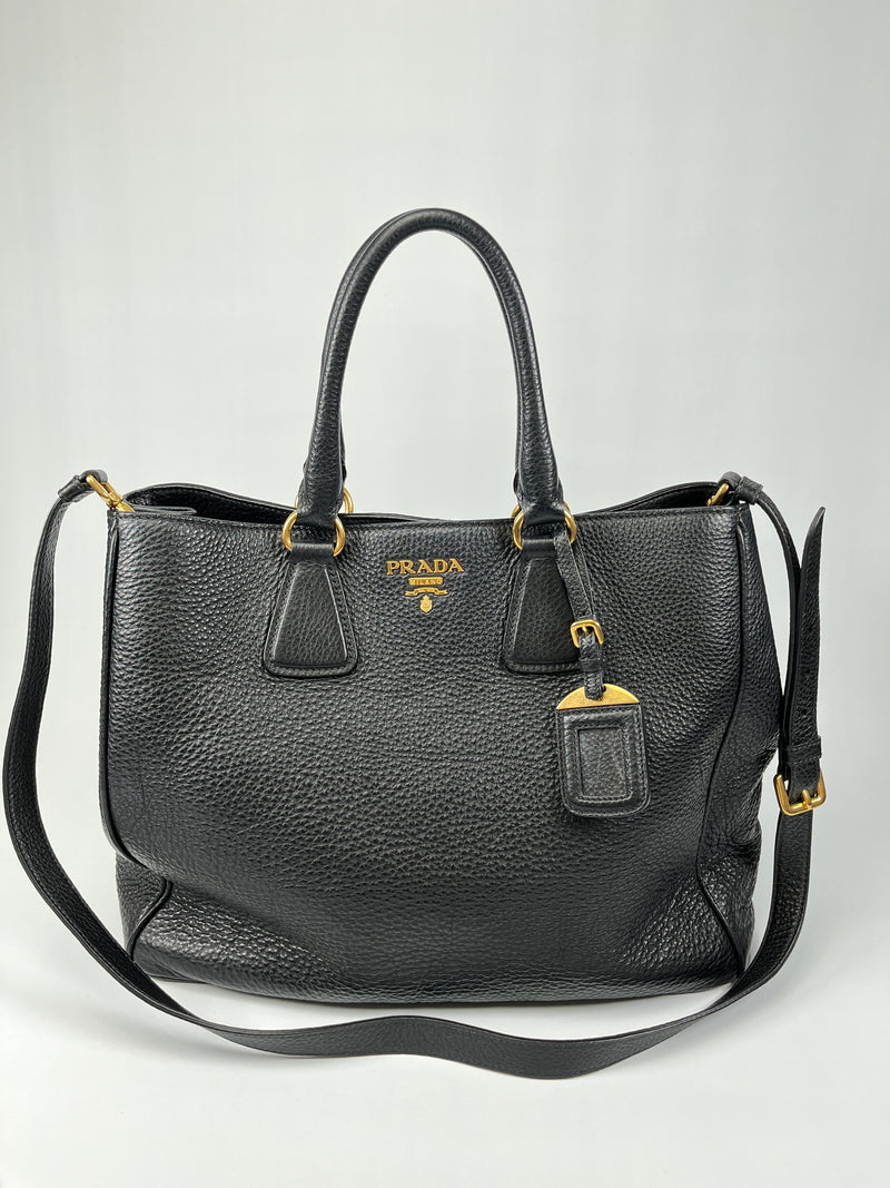 PRADA - VITELLO DAINO SHOPPING TOTE BAG BLACK LEATHER
