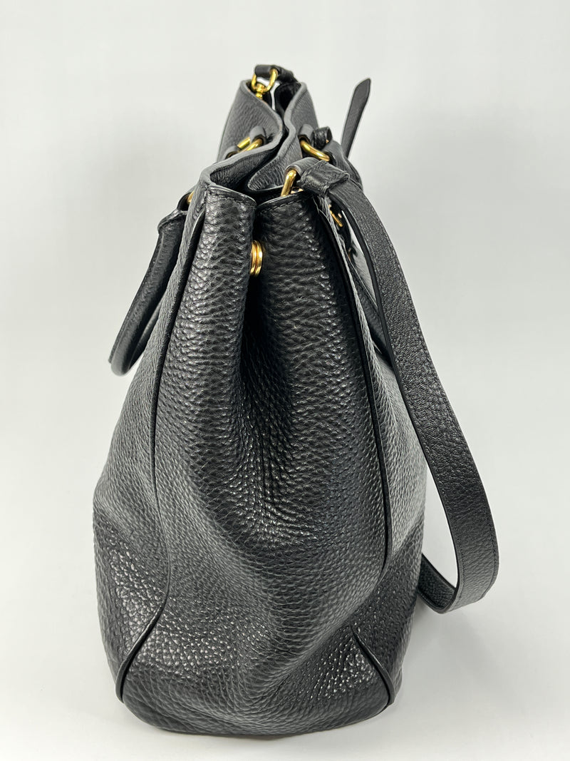 PRADA - VITELLO DAINO SHOPPING TOTE BAG BLACK LEATHER