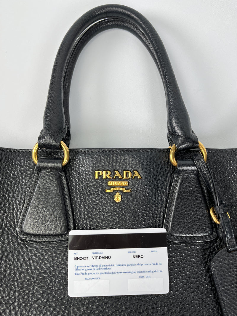 PRADA - VITELLO DAINO SHOPPING TOTE BAG BLACK LEATHER