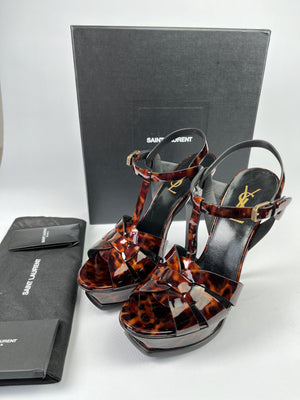 SAINT LAURENT - TRIBUTE 105 PATENT LEATHER PLATFORM SANDAL TORTOISESHELL - SZ 38