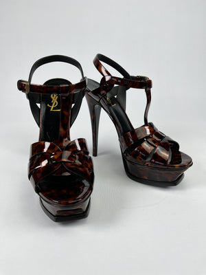 SAINT LAURENT - TRIBUTE 105 PATENT LEATHER PLATFORM SANDAL TORTOISESHELL - SZ 38