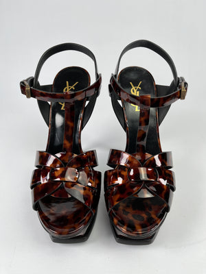 SAINT LAURENT - TRIBUTE 105 PATENT LEATHER PLATFORM SANDAL TORTOISESHELL - SZ 38