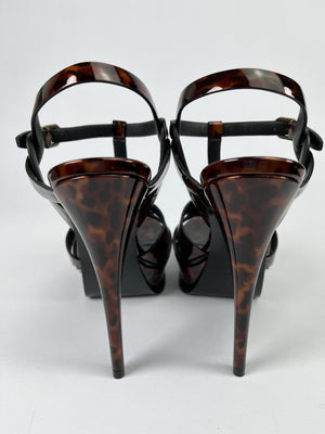 SAINT LAURENT - TRIBUTE 105 PATENT LEATHER PLATFORM SANDAL TORTOISESHELL - SZ 38