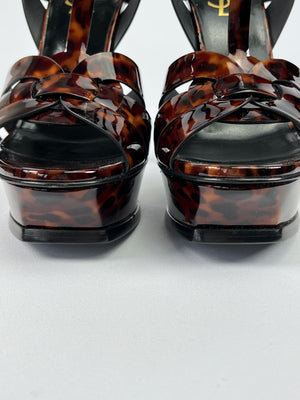 SAINT LAURENT - TRIBUTE 105 PATENT LEATHER PLATFORM SANDAL TORTOISESHELL - SZ 38