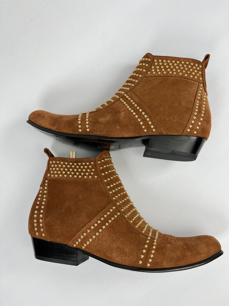 ANINE BING - CHARLIE CARAMEL STUDDED SUEDE ANKLE BOOTS  - SZ 39