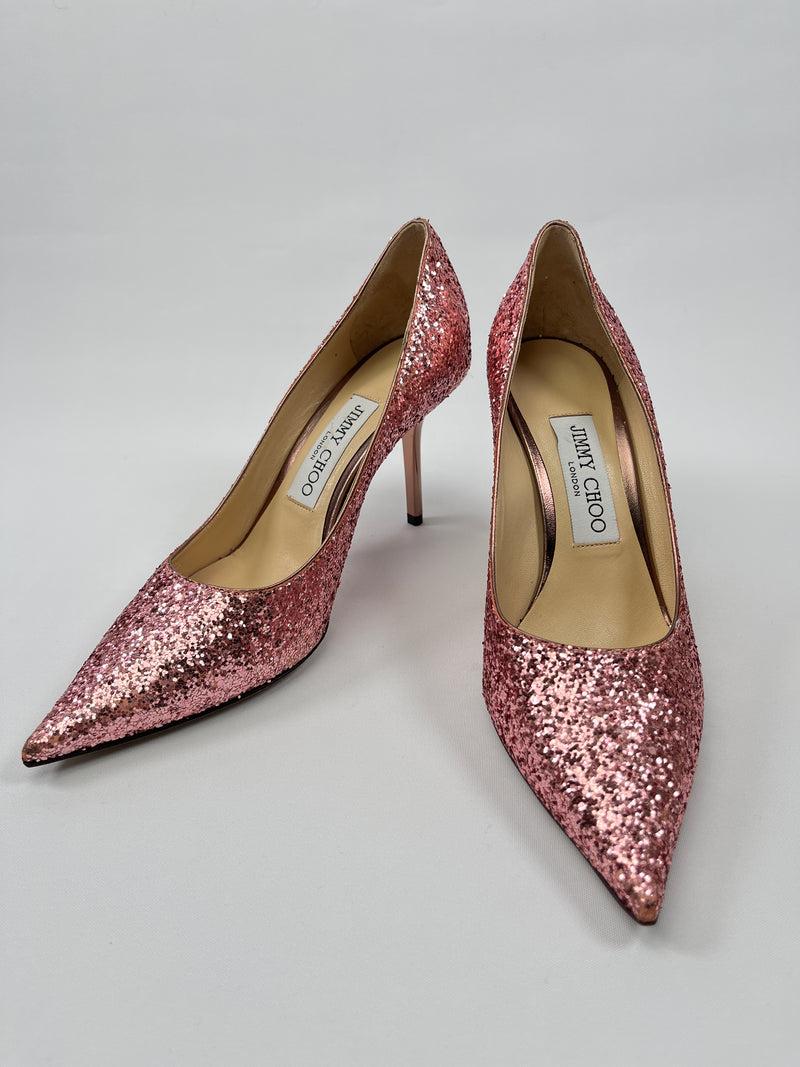 JIMMY CHOO - ROMY 85 GLITTER PINK PUMPS - SZ 36