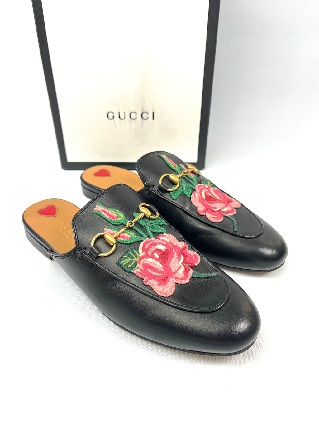 GUCCI - BLACK FLORAL EMBROIDERED LEATHER PRINCETOWN MULES - SZ 38