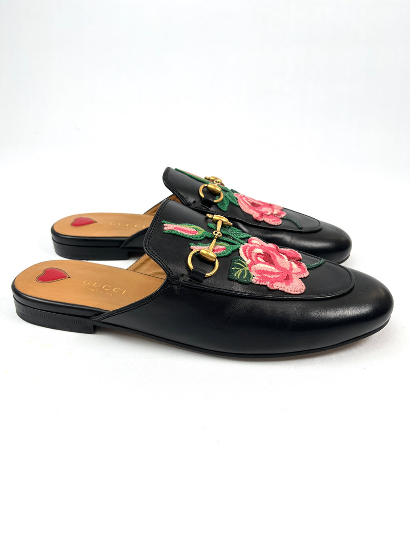 GUCCI - BLACK FLORAL EMBROIDERED LEATHER PRINCETOWN MULES - SZ 38