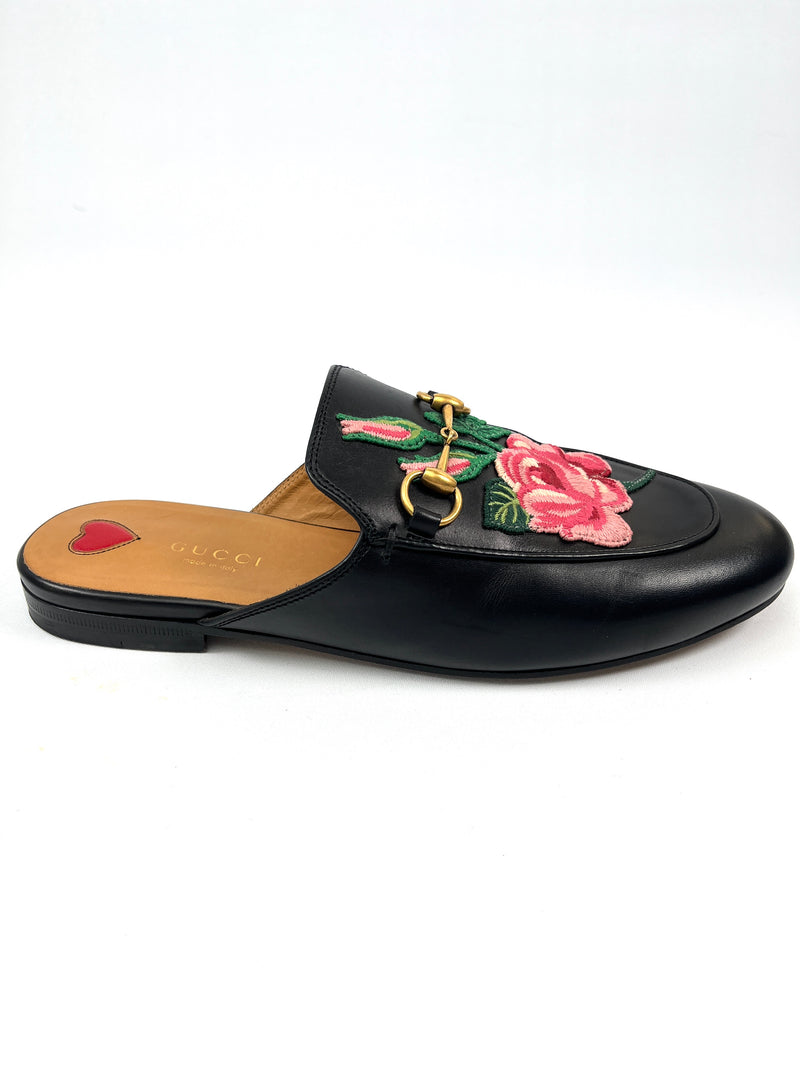 GUCCI - BLACK FLORAL EMBROIDERED LEATHER PRINCETOWN MULES - SZ 38