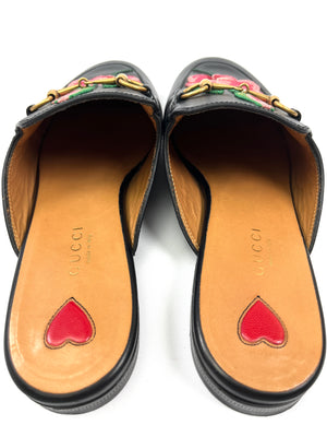 GUCCI - BLACK FLORAL EMBROIDERED LEATHER PRINCETOWN MULES - SZ 38