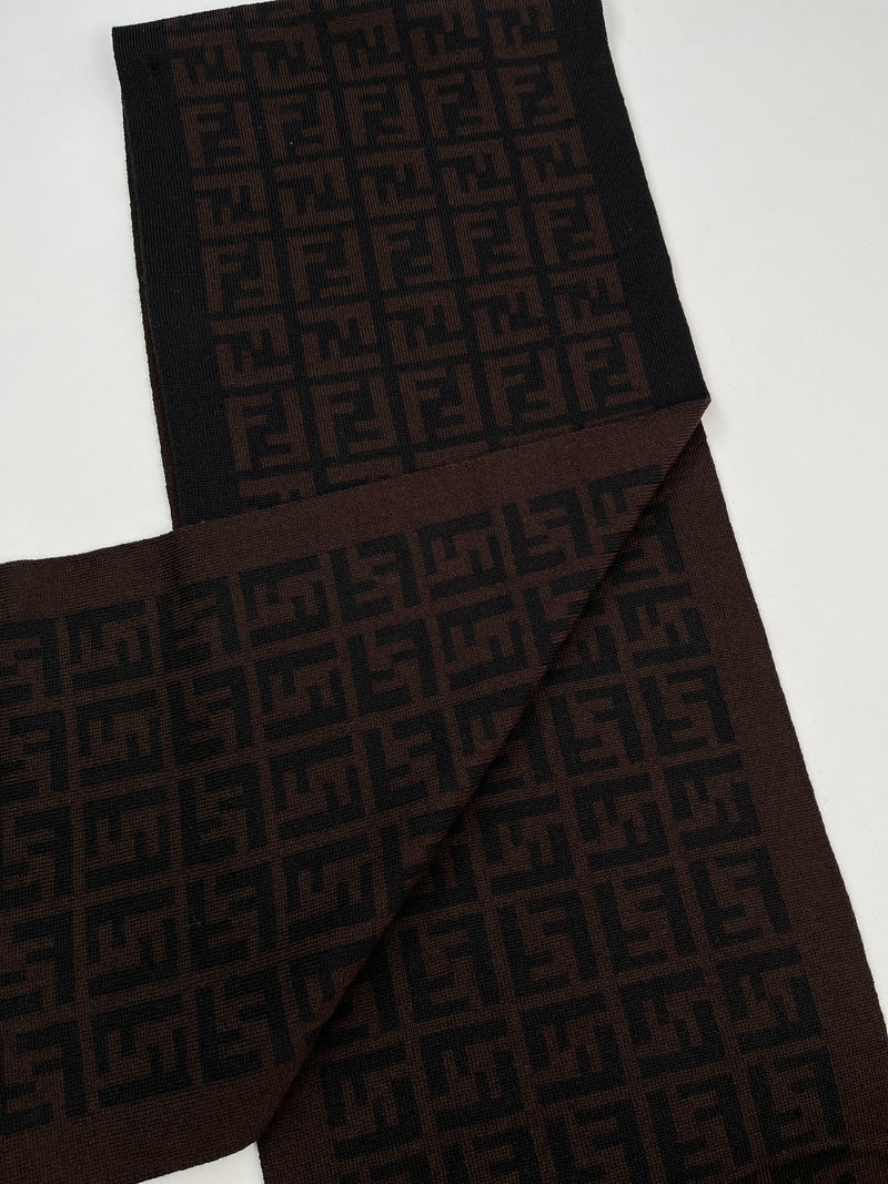FENDI - BROWN & BLACK FF ZUCCA 100% WOOL SCARF - 26 X 155 CM