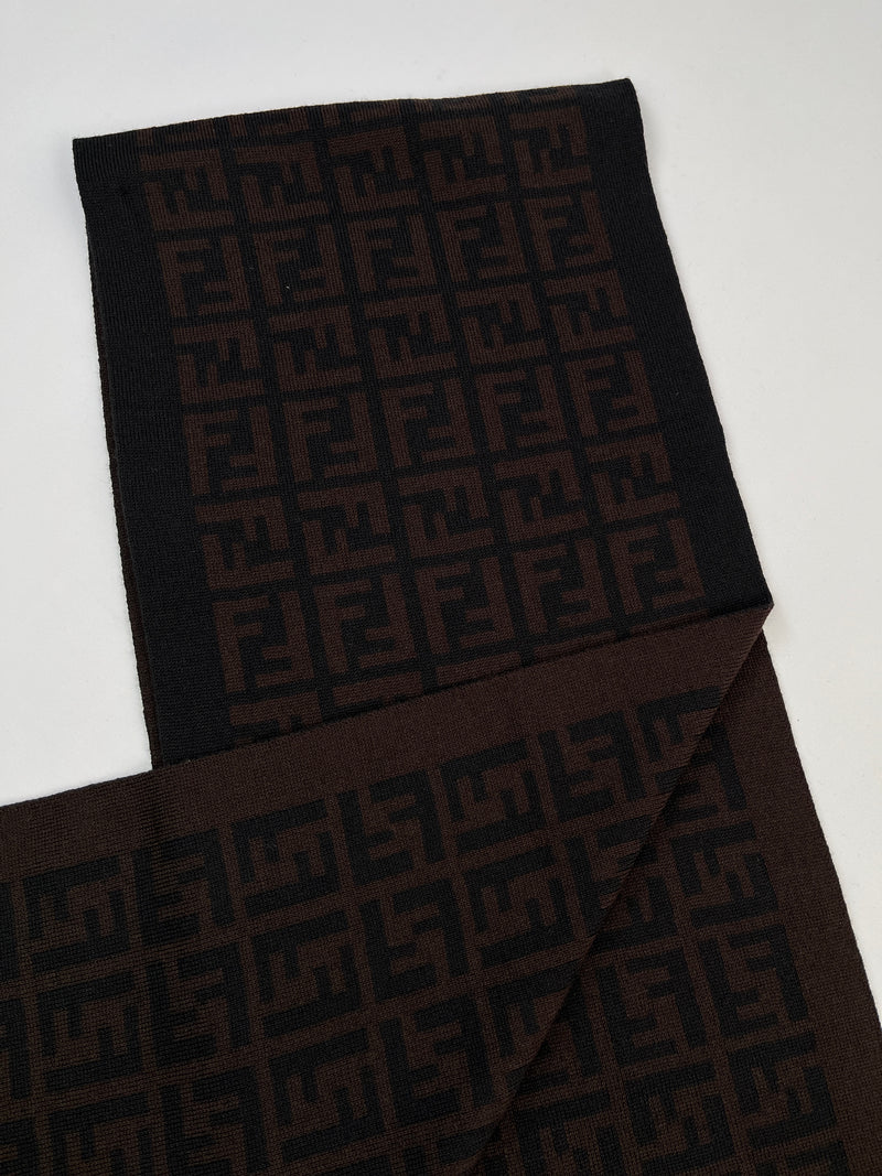 FENDI - BROWN & BLACK FF ZUCCA 100% WOOL SCARF - 26 X 155 CM