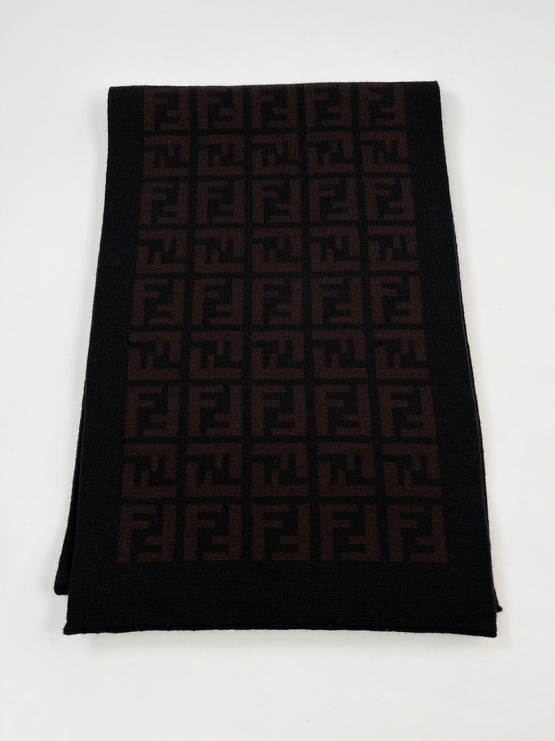 FENDI - BROWN & BLACK FF ZUCCA 100% WOOL SCARF - 26 X 155 CM
