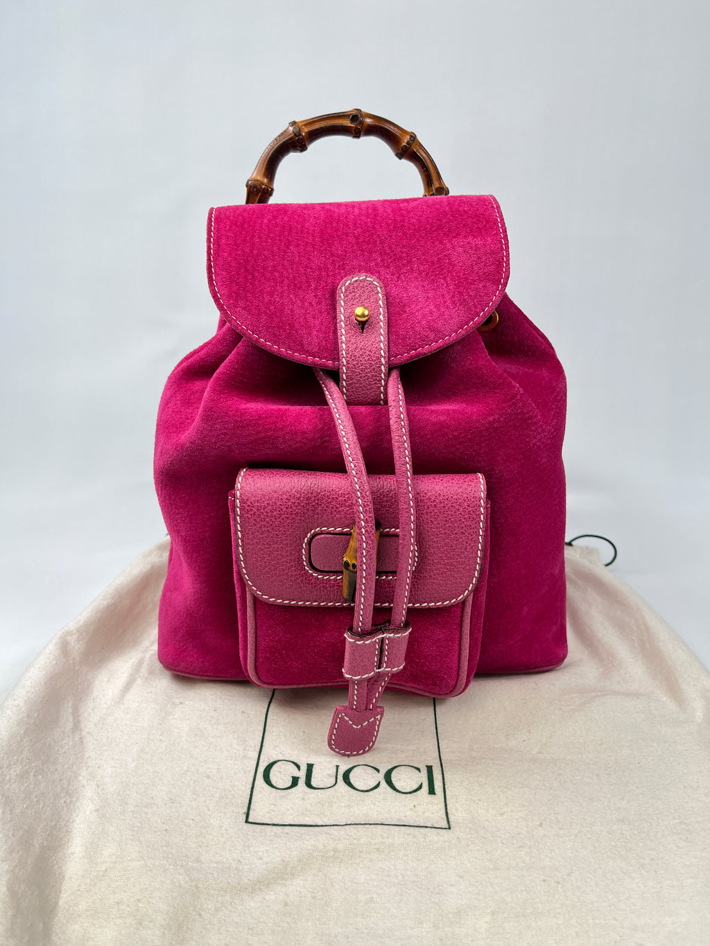 GUCCI - PINK SUEDE BAMBOO DRAWSTRING BACKPACK