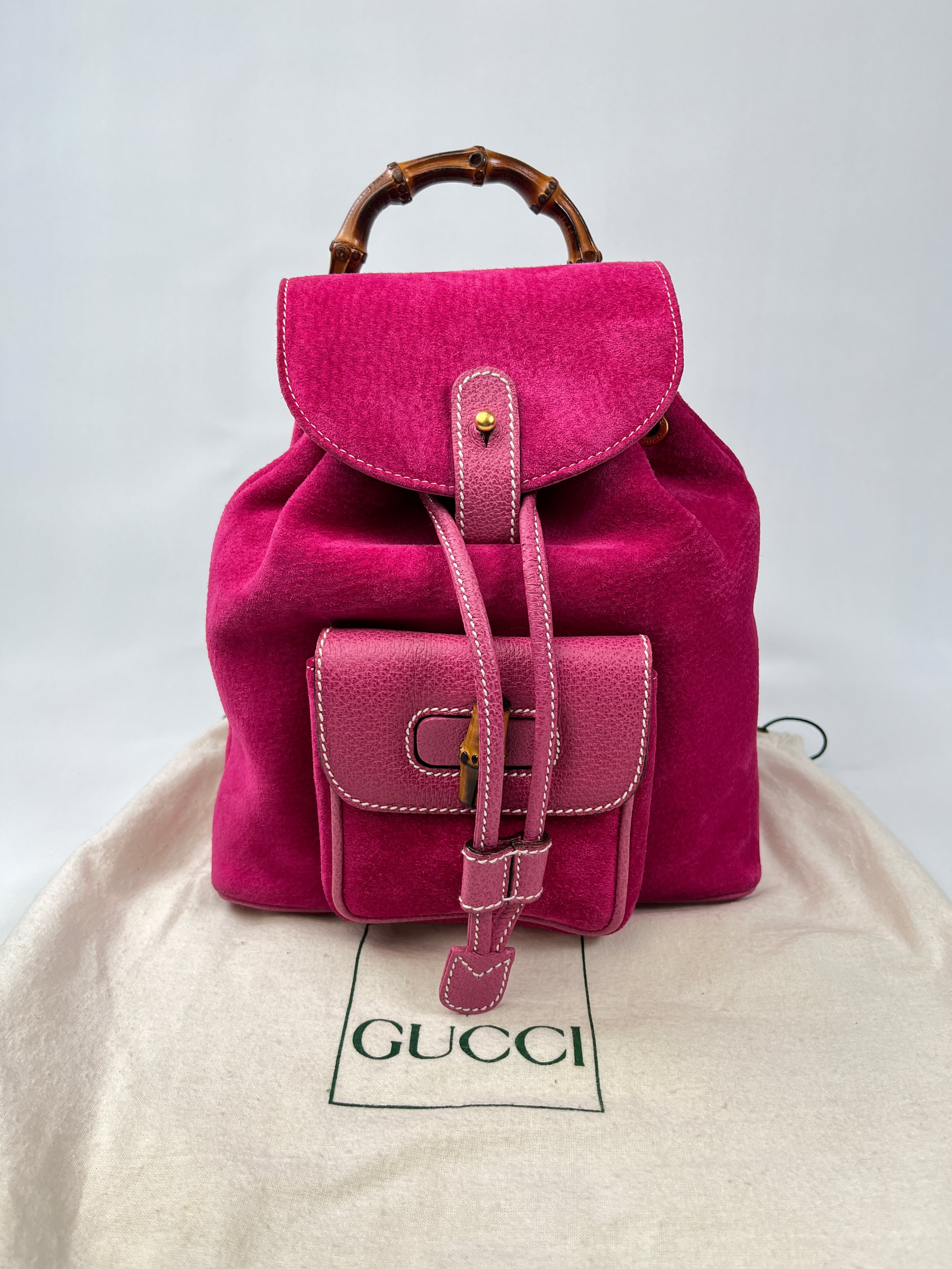 GUCCI PINK SUEDE BAMBOO DRAWSTRING BACKPACK – AU