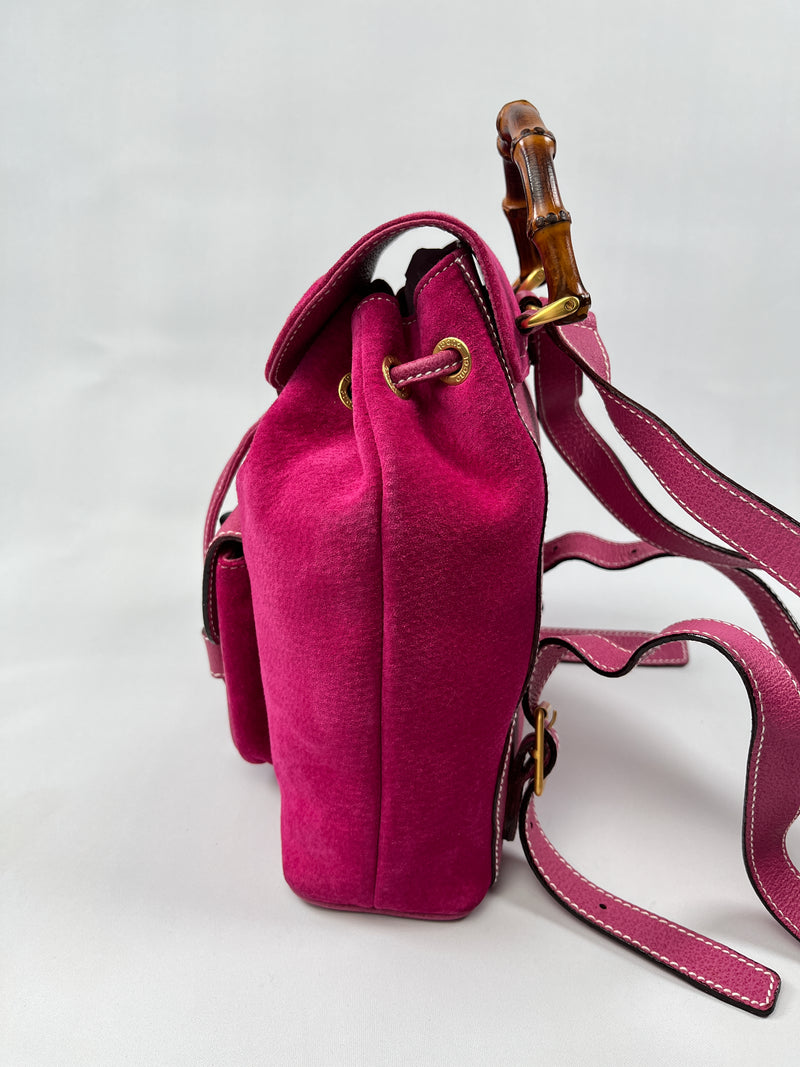 GUCCI - PINK SUEDE BAMBOO DRAWSTRING BACKPACK