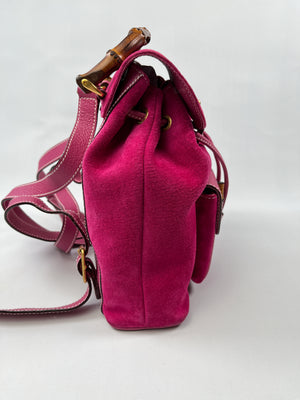 GUCCI - PINK SUEDE BAMBOO DRAWSTRING BACKPACK