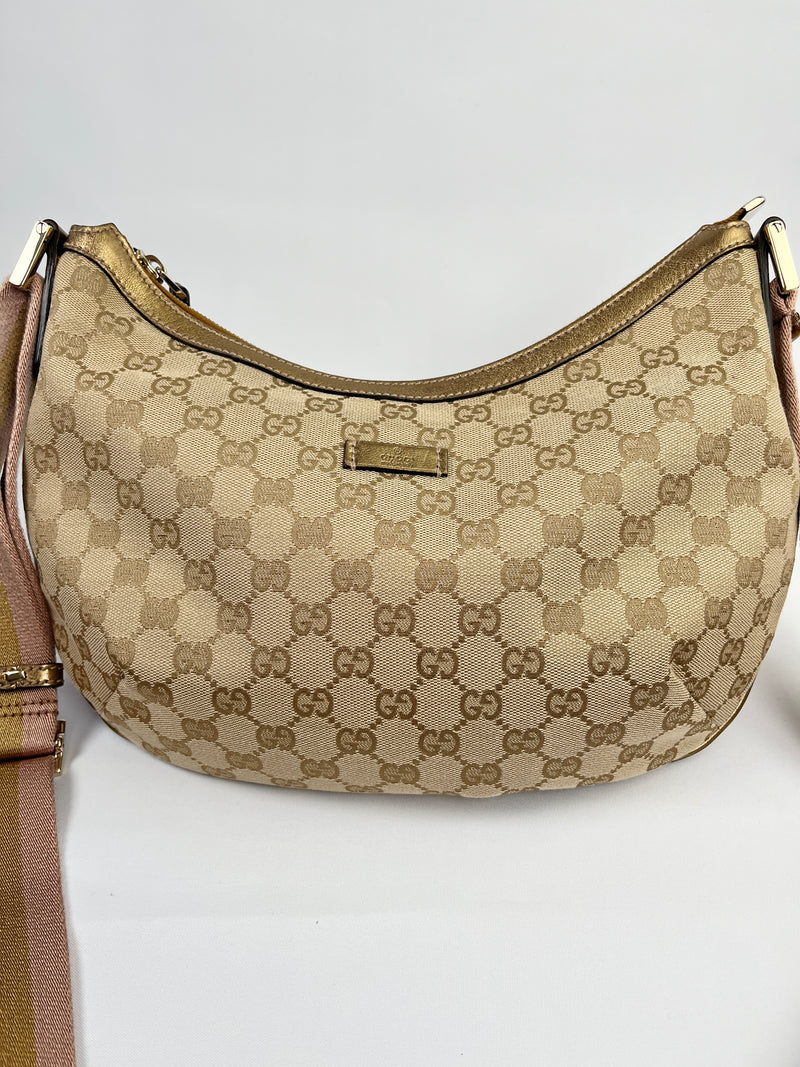 GUCCI - GG CANVAS MEDIUM HALF MOON MESSENGER GOLD & PINK