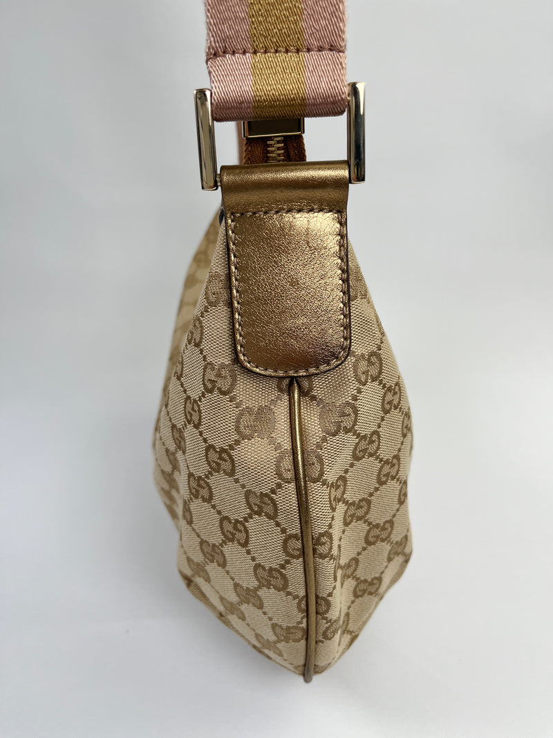 GUCCI - GG CANVAS MEDIUM HALF MOON MESSENGER GOLD & PINK