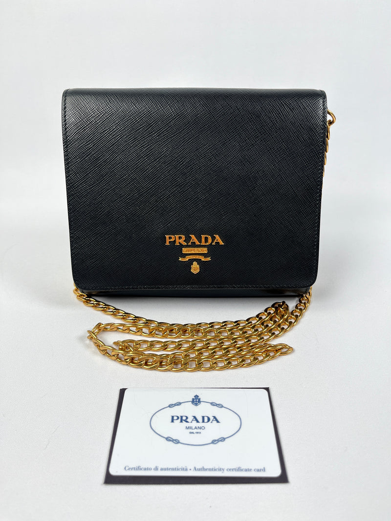 PRADA - BLACK SAFFIANO LUX CHAIN CROSSBODY BAG