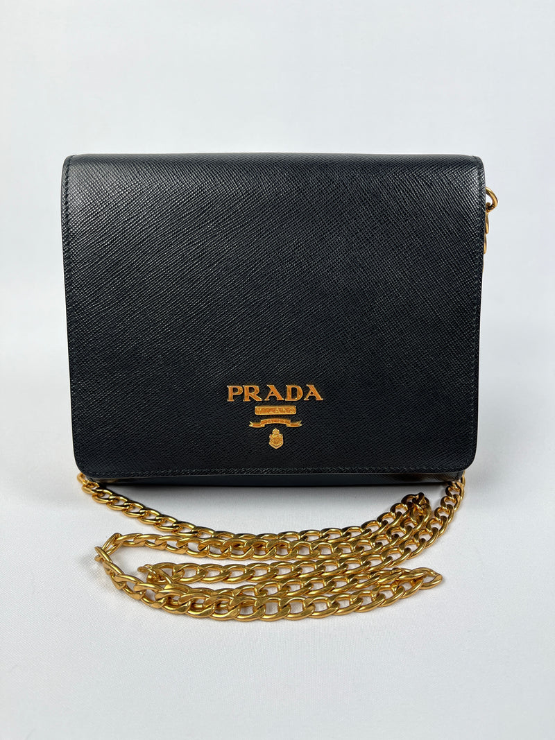 PRADA - BLACK SAFFIANO LUX CHAIN CROSSBODY BAG