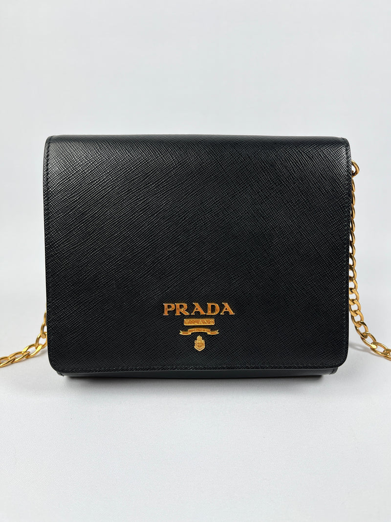 PRADA - BLACK SAFFIANO LUX CHAIN CROSSBODY BAG