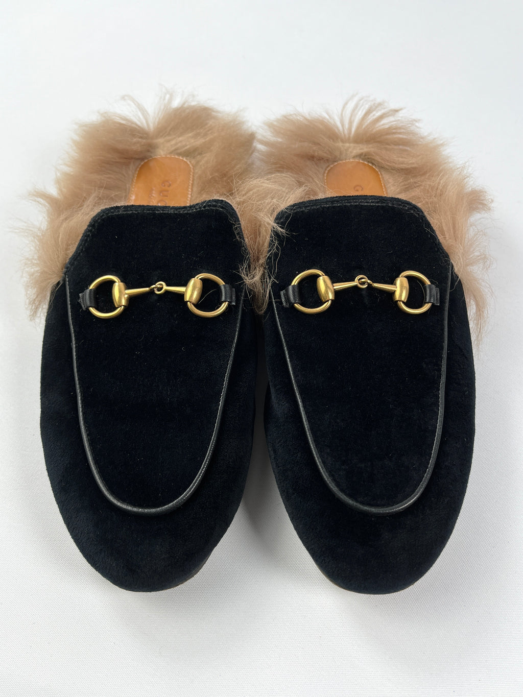 GUCCI - PRINCETOWN FUR-LINED BLACK VELVET SLIPPERS - SZ 37